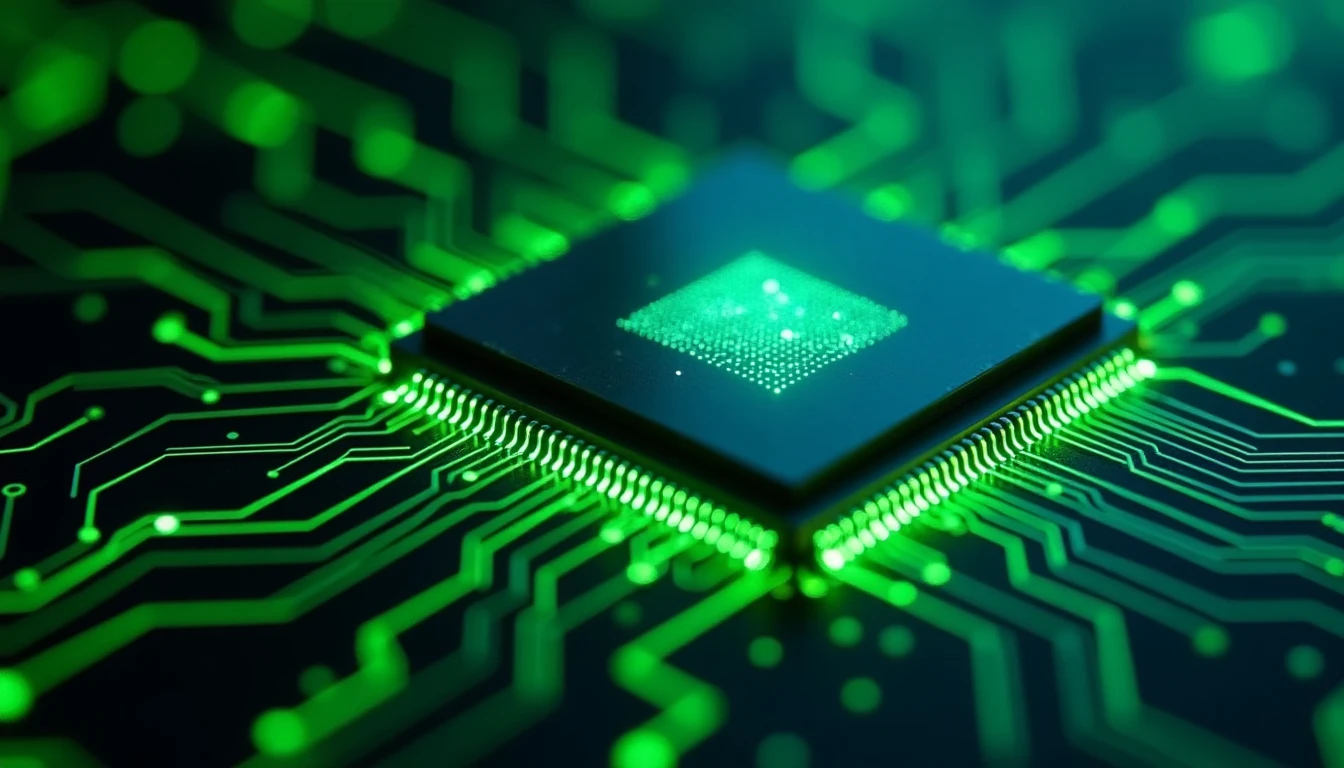 Macro shot of a computer processor chip with glowing neon green pathways, symbolizing algorithmic efficiency and high-speed data processing in a futuristic cyberpunk setting.