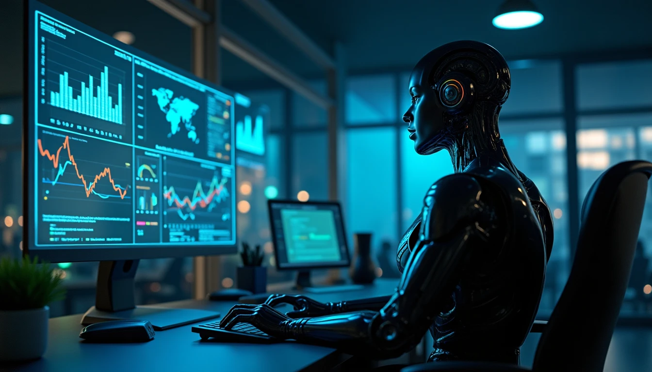 Futuristic office environment with a cyborg silhouette analyzing holographic charts, dark atmosphere, neon accents on the desk, representing the merger of human and machine in business.