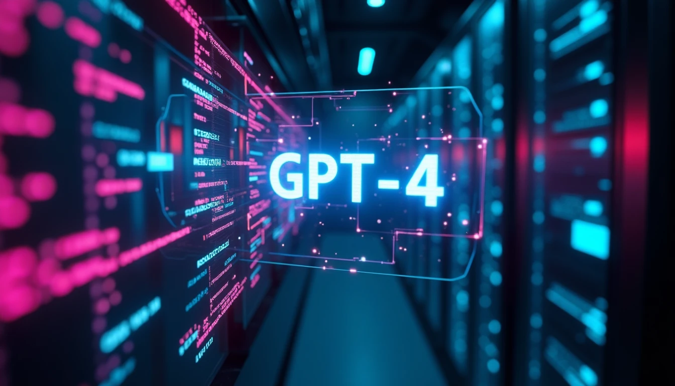 Futuristic holographic interface displaying GPT-4 protocol code snippets floating in a dark server room, neon pink and cyan lighting, matrix style data rain in background, cinematic depth of field.