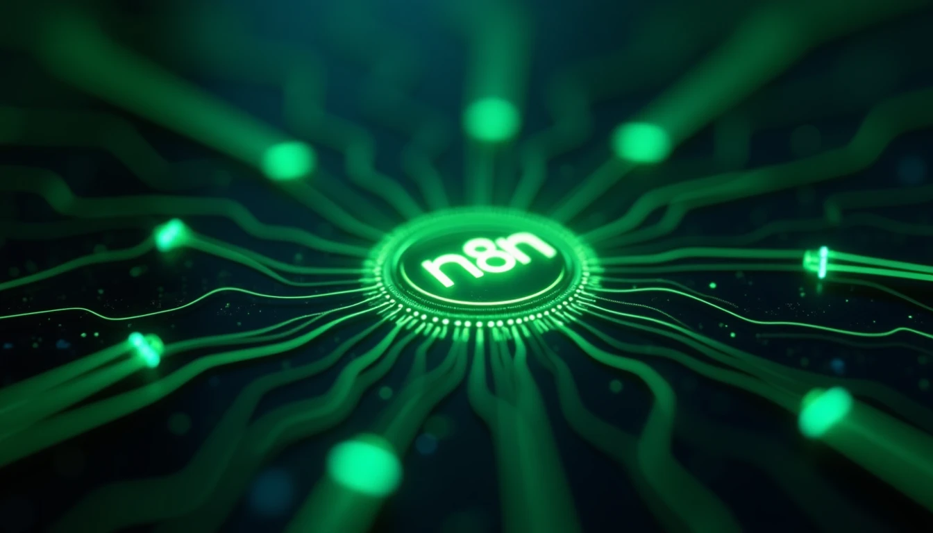 Close-up conceptual illustration of a digital neural network connecting with a glowing green n8n workflow node, cyberpunk aesthetic, dark background with neon circuit lines, high detail 8k resolution representing AI integration.